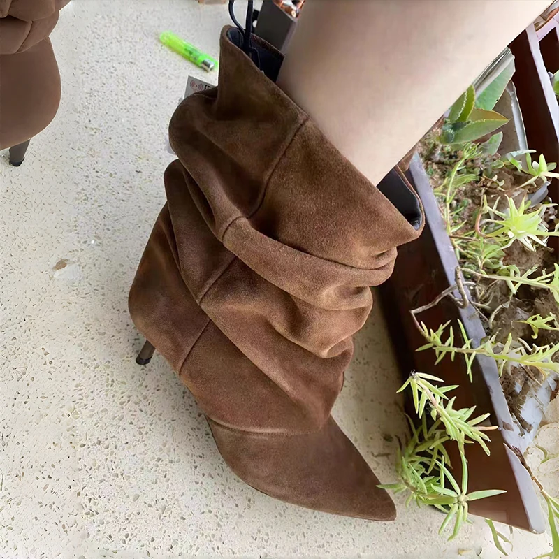خمر جودة عالية أشار تو Vintage حذاء بوت بطول الكاحل مثير رقيقة منخفضة الكعب المرأة الدافئة مطوي حذاء من الجلد الانزلاق على أحذية الحفلات كاوبوي #5