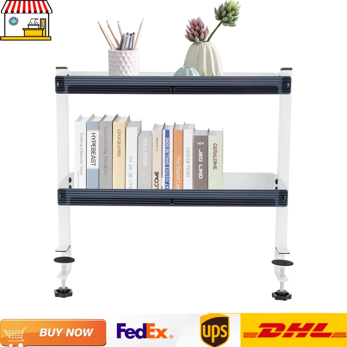 

Carbon Steel Clamp-on Desk Shelf| 2-Tier Metal Home Office Clamp-on Above/Under Table Shelves Organizer