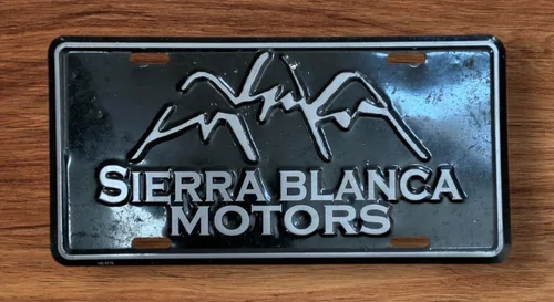 VINTAGE SIERRA BLANCA MOTORS  FRONT BOOSTER LICENSE PLATE  RUIDOSO NEW MEXICO Aluminum
