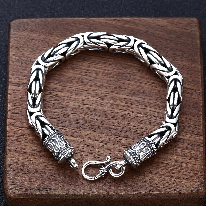 Real S925 Sterling Silver Bracelet Women Men 8mm Round Byzantine Link Chain Bracelet 21cm Length