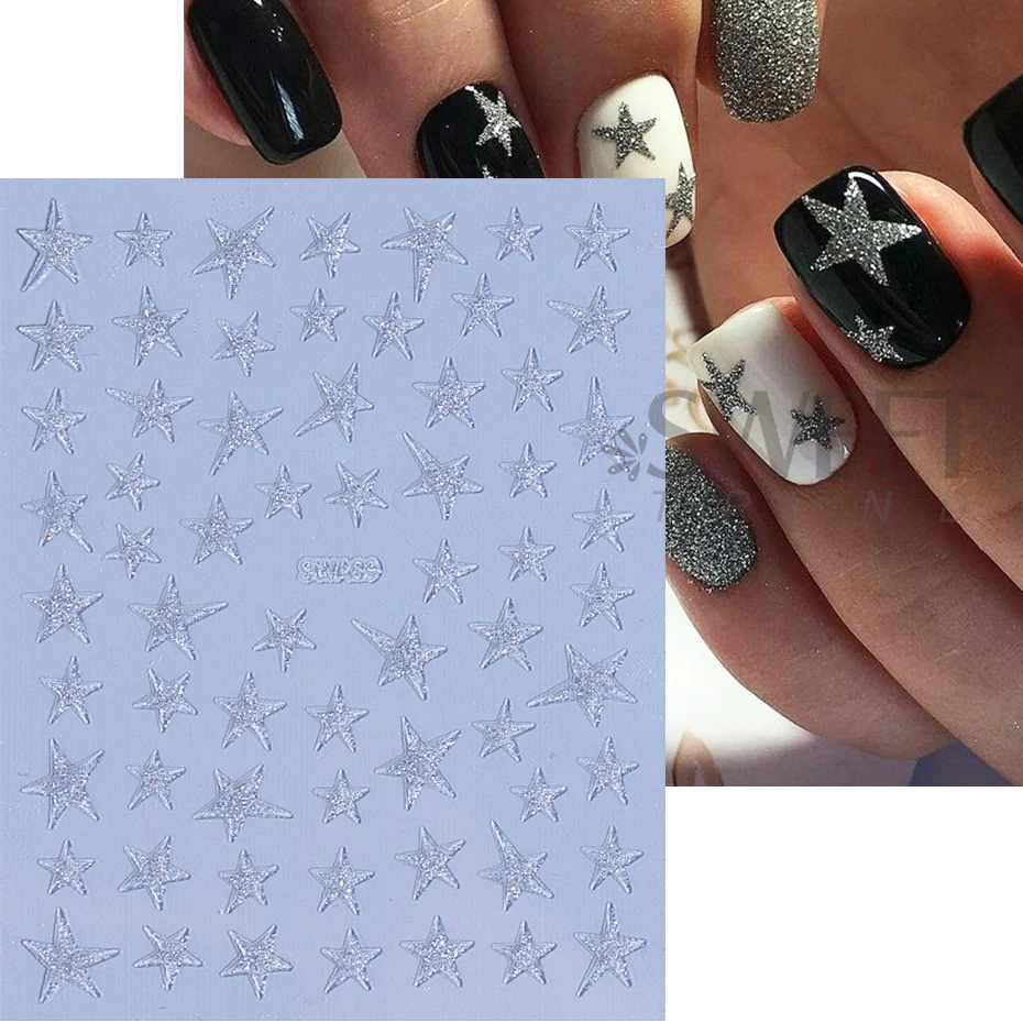 Leopard Print Star Design Nail Stickers Holographic Glitter Silver Star Pentagram 3D Self Adhesive Sliders Manicure Decor Decals