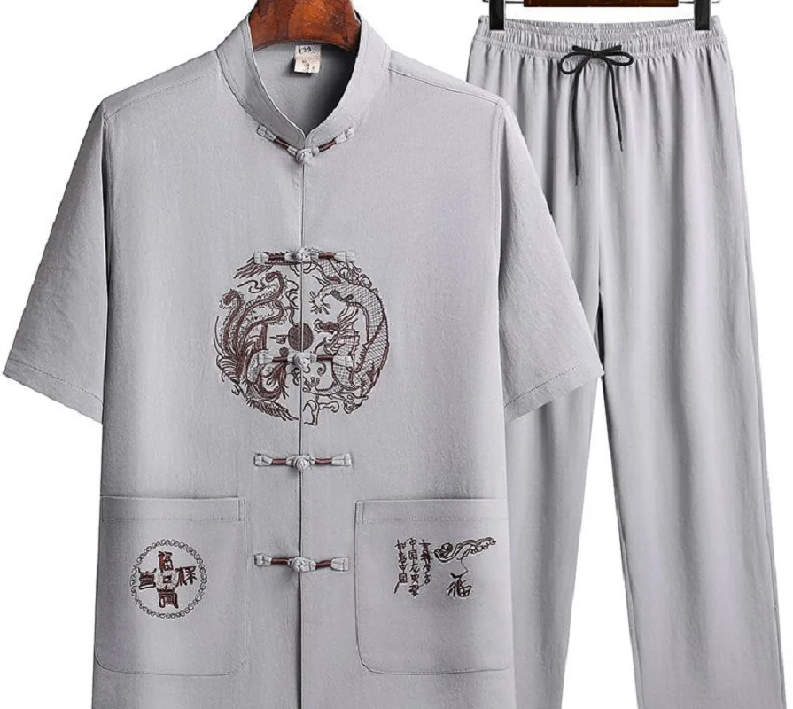 

New Chinese Style Men Embroidered Short Sleeve Tang Suit High Quality Casual Kung Fu Tai Chi Martial Arts Hanfu Set M-XXXL