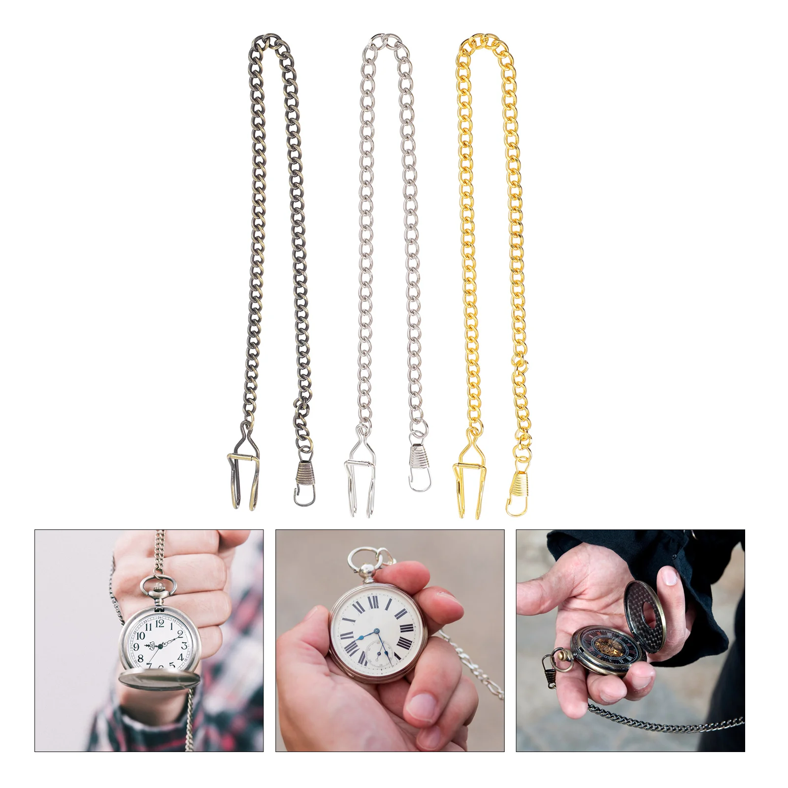3 Pcs Pocket Watch Chains Silver Gold Bronze Metal Retro Necklace Making Supplies for Men Lightweight Portable