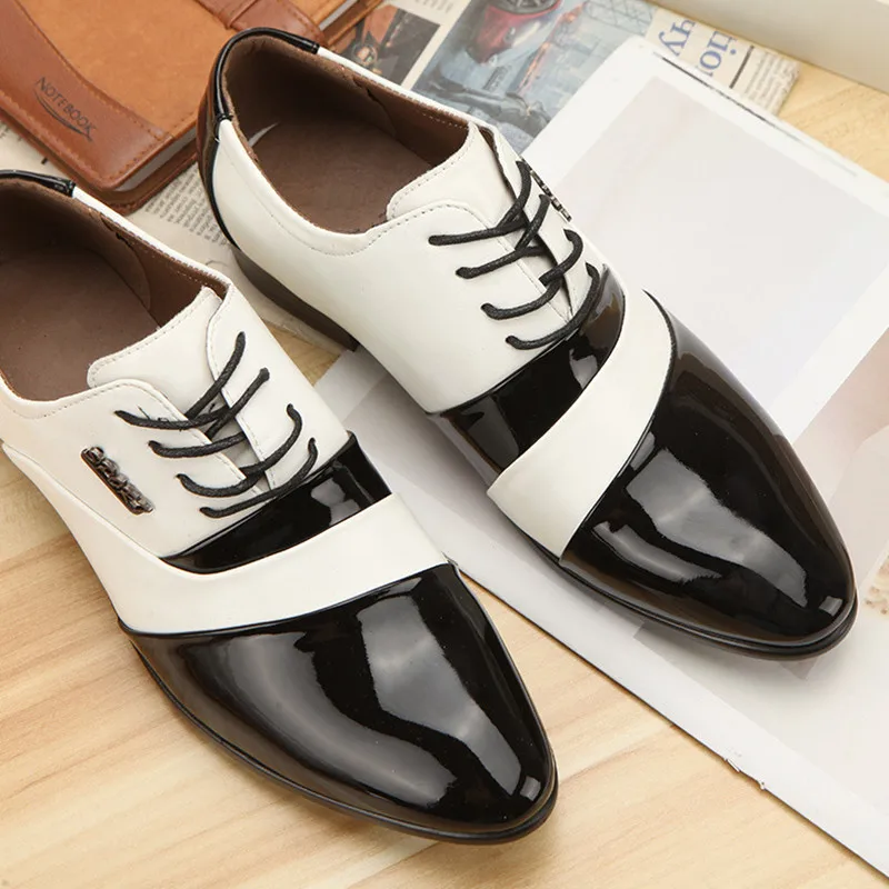 New Black Leather Low Top Soft Men Dress Shoes Solid Color Men Premium Patent Leather Shoes White Wedding Shoes Size 38-44