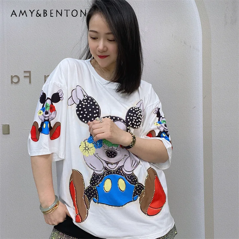 

White Cartoon Round Neck Short-sleeved Top Tees Women's Heavy Industry Beaded Loose T-shirt Y2k Accessories New Kawaii Pullovers