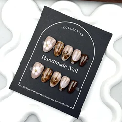 Handmade Press on Nails Ins Brown Flower Decor Short Oval French Fake Nail Tips Wearable Detchable Korean Cute False Nails
