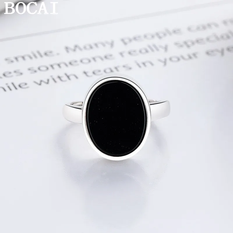 

BOCAI NEW S925 Silver Simple And Fashionable Oval Black Agate Open Ring