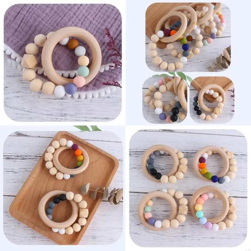 

97BE Silicone Candy Color Beads Baby Nursing Bracelets Teething Rattle Bracelet