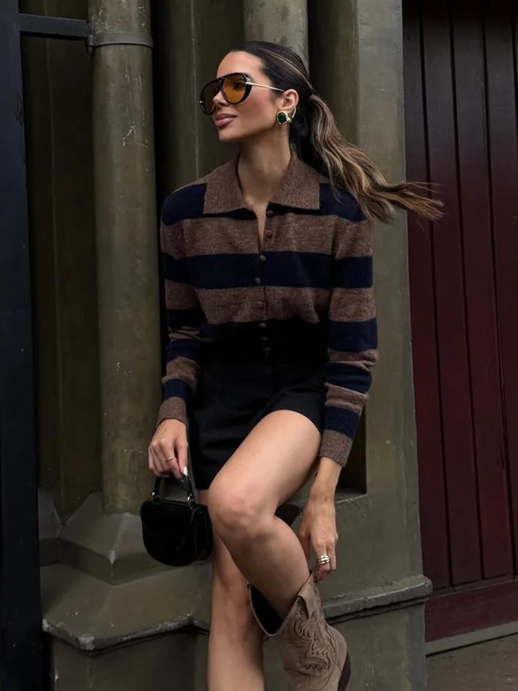 

HH Women's Fashion Striped Knitted Cardigan Coat Female High Street Casual Long Sleeve POLO Collar Single Breasted Short Jacket
