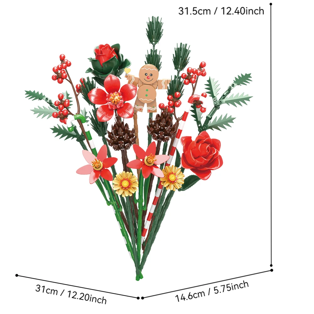865PCS Creative Christmas Roses Bouquet Building Blocks Set Gingerbread Dolls Assembly Model Kit Christmas Birthday Gifts Toy