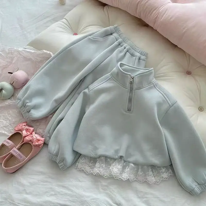 

Girls Suit 2025 Autumn New Children's Clothing Korean Style Girl Baby Fashion Solid Color Lace Hoodie Hoodie Two-piece Casual