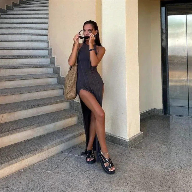 Vestido pós-apocalíptico sem mangas, gótico, slim fit, fenda dupla, rabo de peixe, costura, novo vestido de declaração da moda para mulheres