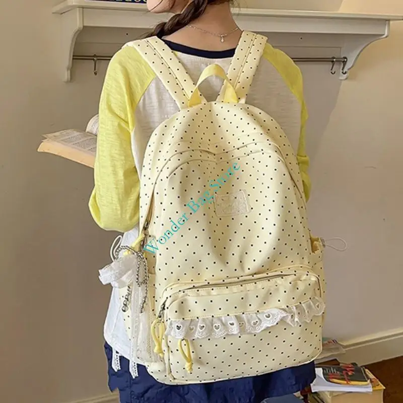 Student School Backpack with Lace Trim Soft-Sided Nylon Bookbag Women Large Capacity Laptop Daypack with Pendant for Daily Wear