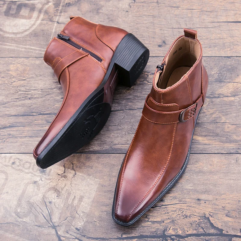 Krótkie buty męskie z bocznym zamkiem i szpiczastym noskiem, w stylu brytyjskim