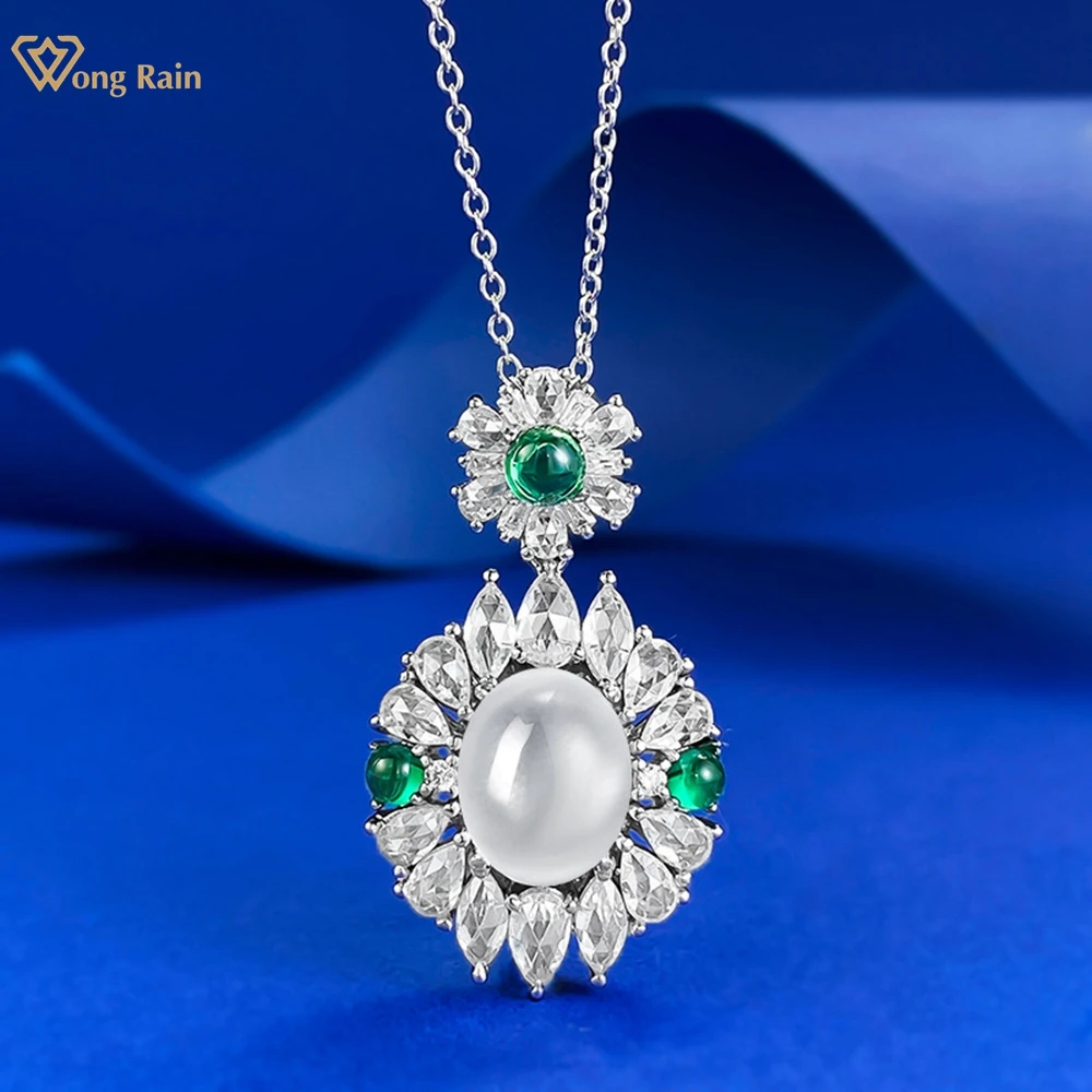 Wong Rain Vintage 100% 925 Sterling Silver 8*10 MM Oval Natural Jade High Carbon Diamond Gemstone Pendant Necklace Fine Jewelry