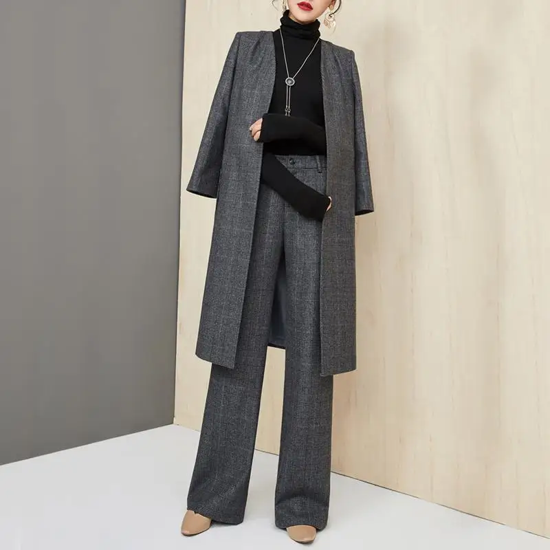 Spring Autumn Mid Length Woolen Blazer Suit Women Long Sleeves Jacket Coat+high Waist Slim Straight Pants Female Two Piece Set