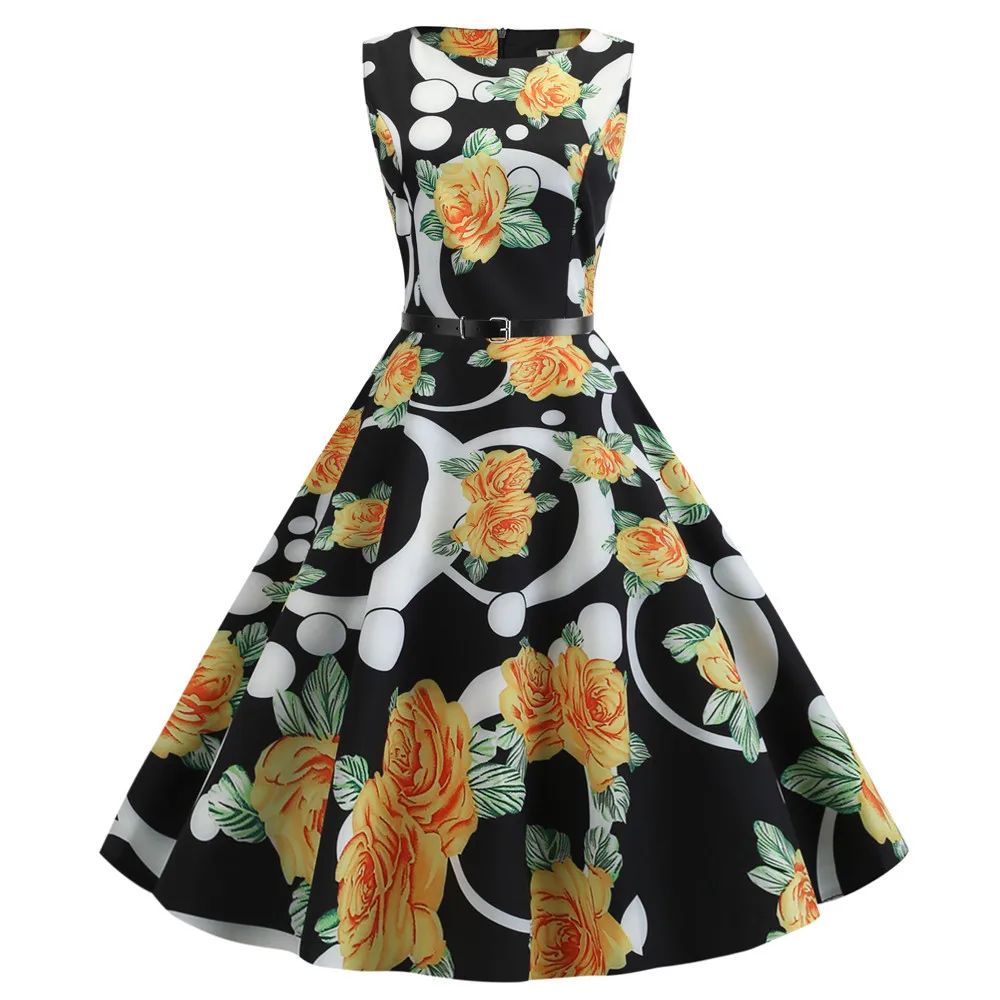 

2025 New Vintage Elegant Floral Print Summer Dress 1950s 60s Retro Women's Party Casual Sleeveless Round Neck High Waist Dresses