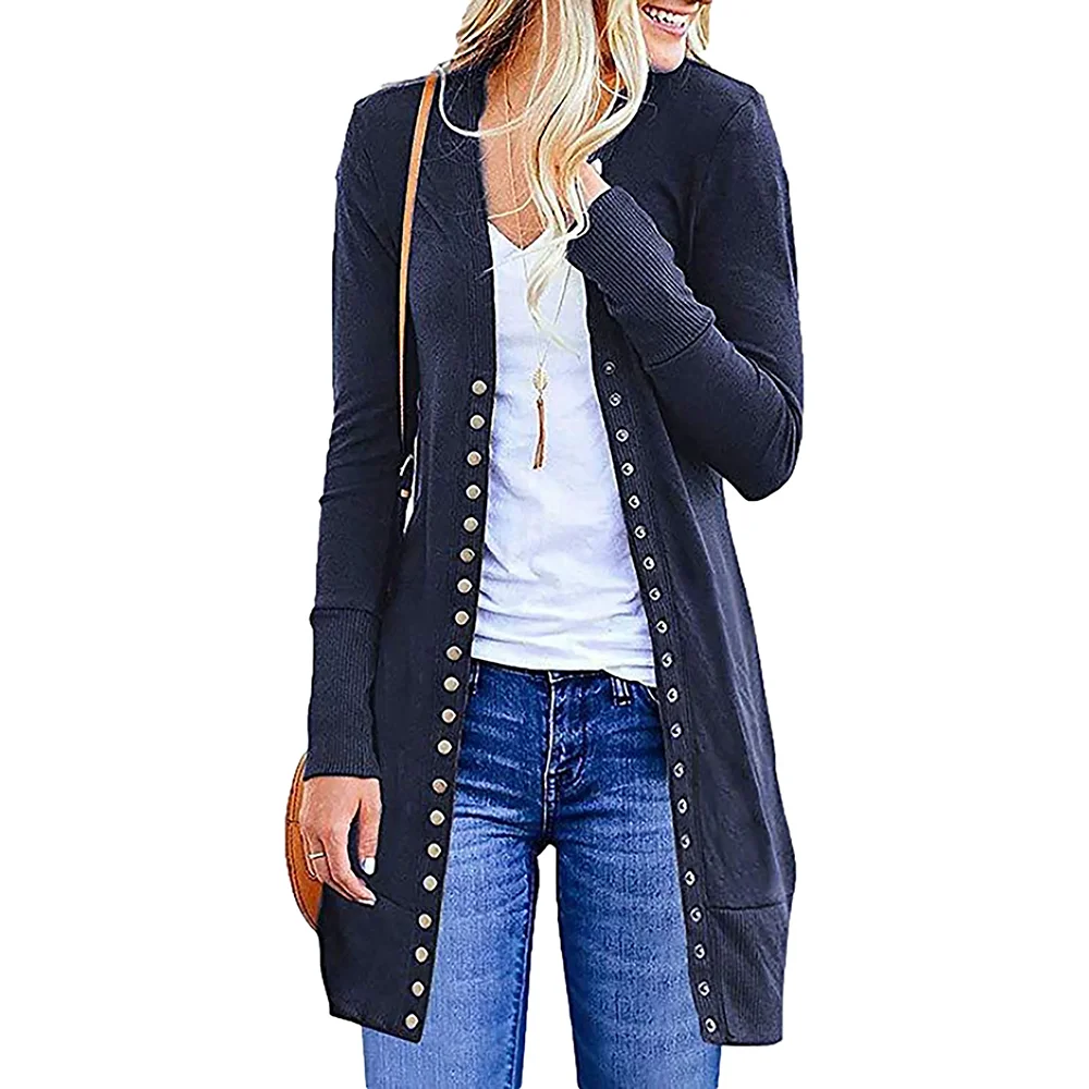 Europäisch-Amerikanischer Strick-Cardigan in Mittellänge mit Seitentasten, Locker Geschnitten, Figurbetont, Lässig, für Pendler, Langarm-Oberbekleidung – Detail 4