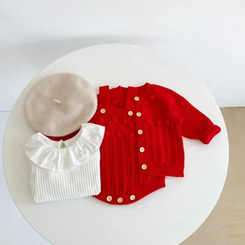 Spring Autumn Baby Girl Clothing Todders Handmade Ball Cardigan Sweater Outfit Set for Baby Cotton Knitted Cardigan Comper