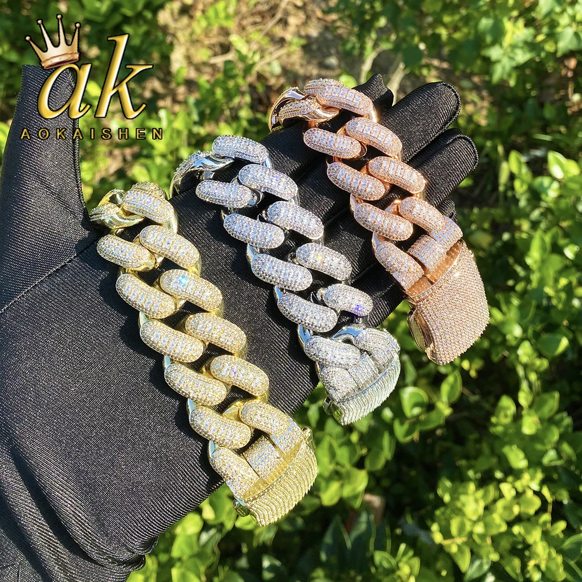 

Aokaishen 32mm Iced Out Thick Heavy Miami Baguette Bracelet for Men 5A Cubic Zirconia Gold Plated Hip Hop Jewelry