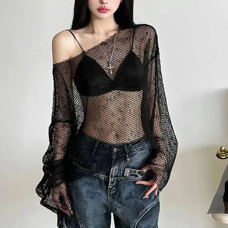 Seksowna siateczkowa koszulka damska z prześwitami, czarna, z długim rękawem, ażurowa, letnia moda streetwear, podstawowa bluzka Y K, top dla kobiet.