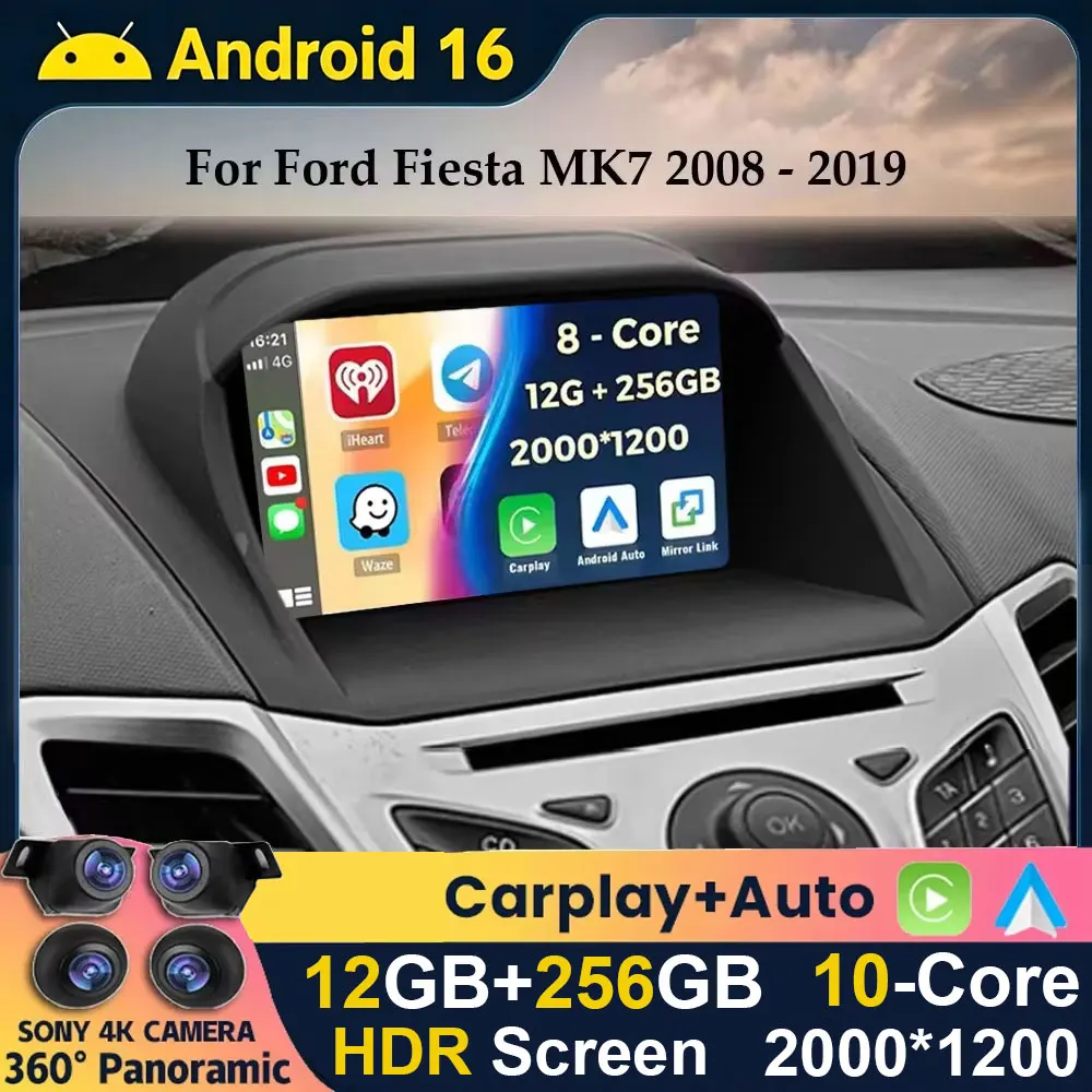 Android 16 Carplay Auto For Ford Fiesta MK7 2009 - 2017 Car Radio Stereo Multimedia Head Unit Player Navigation GPS 5G WiFi