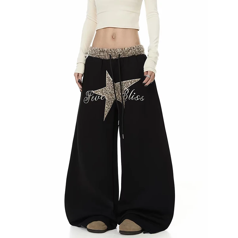 YIBASHU Women Black Baggy Wide Leg Sweatpants Leopard Splice Pants Harajuku Japanese 2000s Style Vintage Y2k Star Dance Trouser