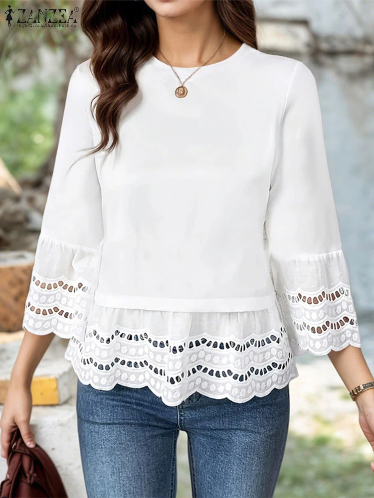 

Plus Size 5XL ZANZEA Women Lace Patchwork Blouse 2025 Summer Solid 3/4 Sleeve Tops Casual Blusas Fashion Flare Sleeve Tunic Tops