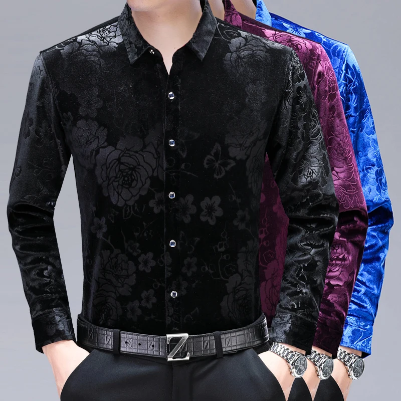 Floral Jacquard Velour Shirts For Men Long Sleeve Luxury Casual Winter Thick Warm Quality Soft Comfortable Premium Chemise Homme