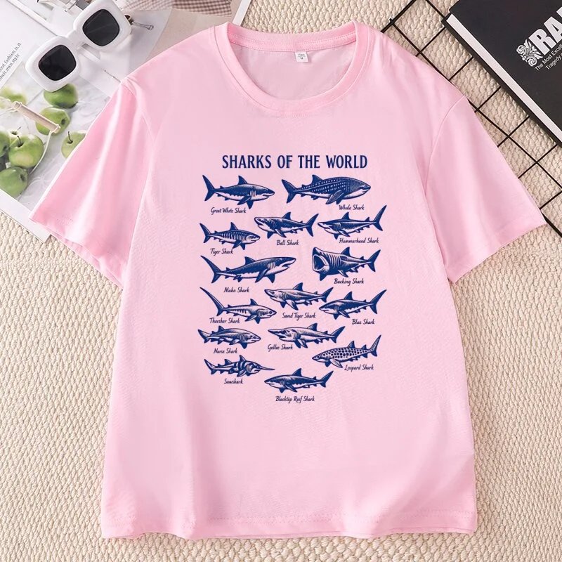 Vintage Sharks of The World T Shirt Ocean Nature Graphic Tee Cotton Short Sleeve Printed T-shirts Casual Woman Clothes Tops