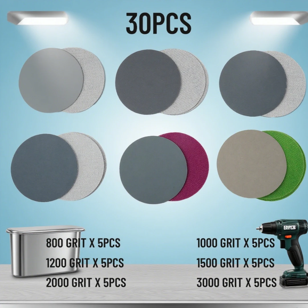 

30 шт. Водная/сухая шлифовальная бумага 3 дюйма 75 мм шлифовальный диск с крючком и петлей 800 1000 1200 1500 2000 3000 зернистость наждачная бумага абразивные инструменты