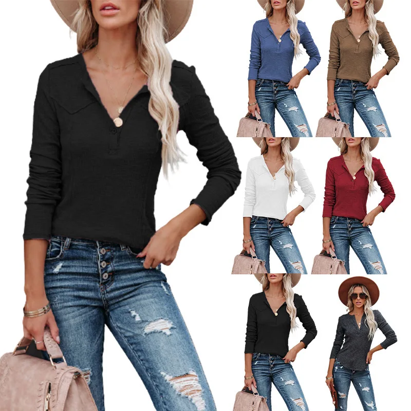 

Autumn and Winter New Women's T-Shirt Pullover Long-Sleeved Solid Color Pit Strip Knitted Casual Fashion Button Top T-Shirt Wome