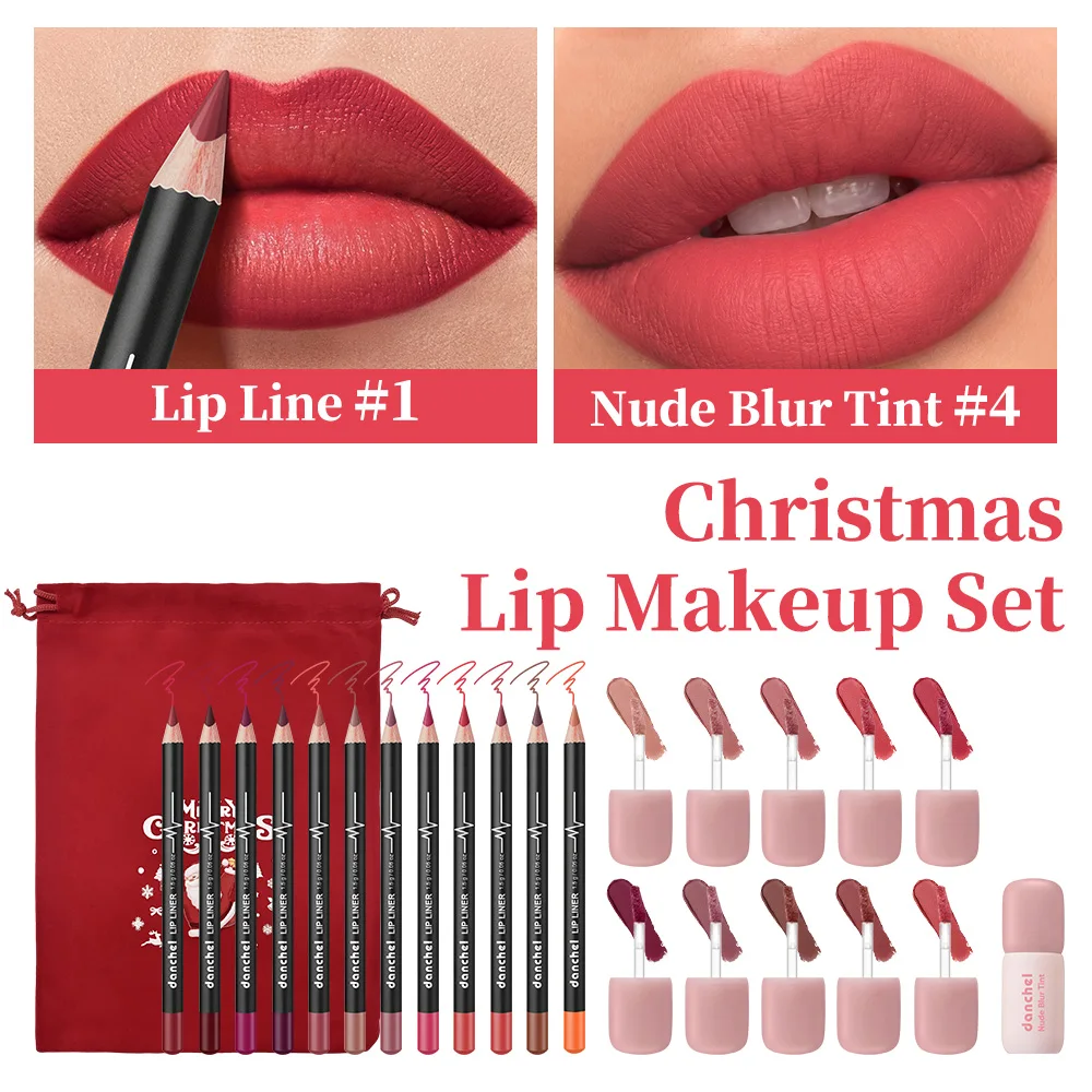 Christmas Matte Lip Makeup Set Waterproof Smudge Proof Lip Liner Transfer-Proof Lip Glaze Lip Cheek Dual Use for Holiday Party
