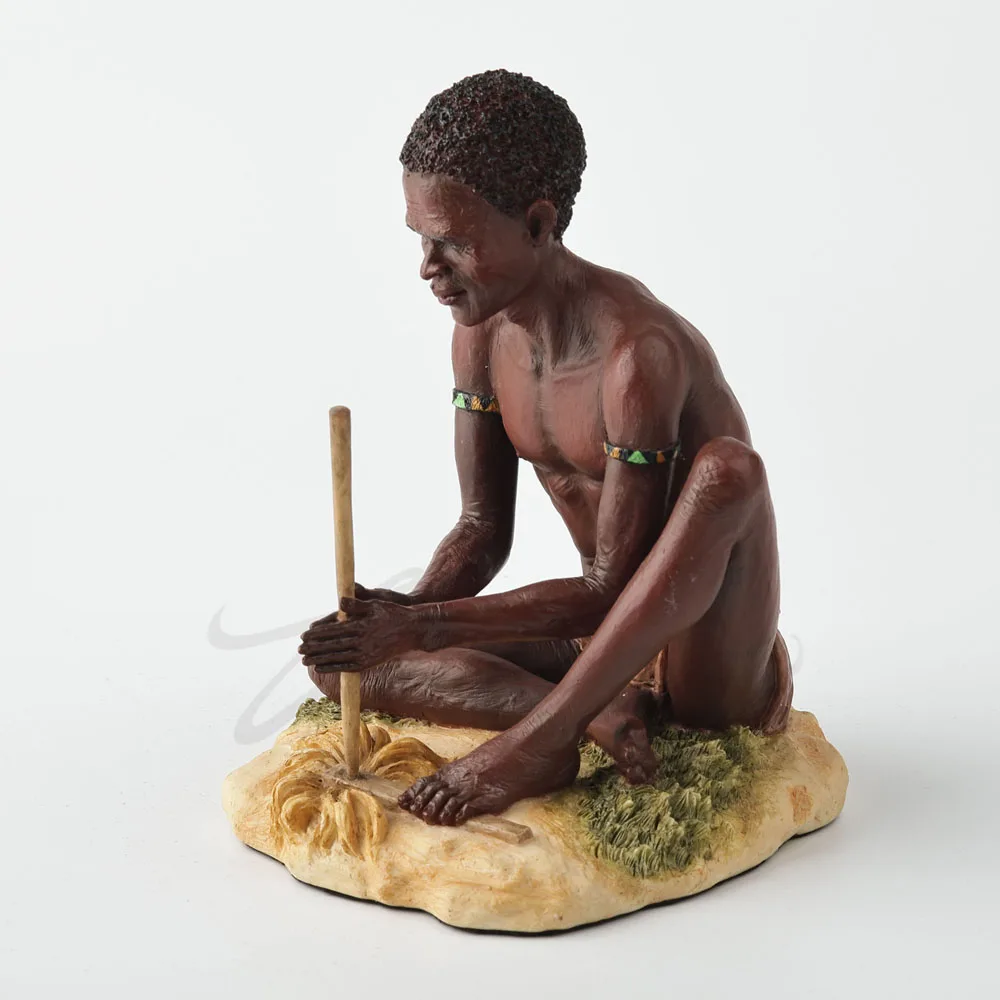 African Tribal Man Making Fire By Friction Statue Squatting Aboriginal Male with Tribal Arm Bands Resin Figurine Desktop Decor