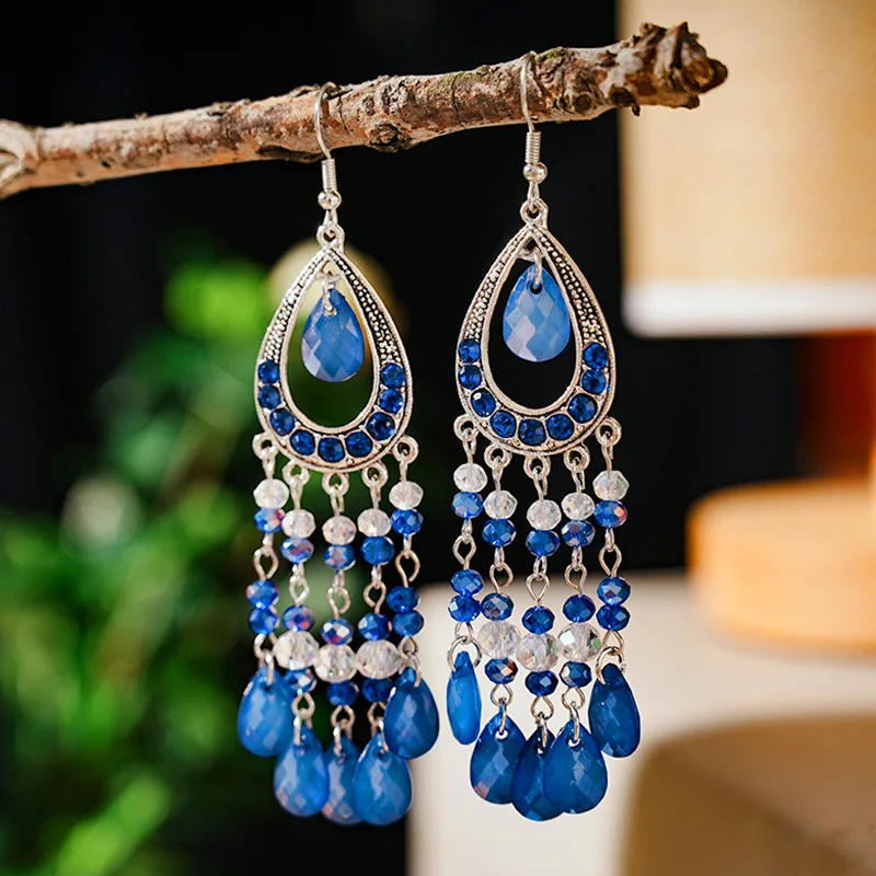 Vintage Bohemian Crystal Water Drop Earrings for Women Elegant Long Silver Color Vacation Style Earring Party Daily Jewelry