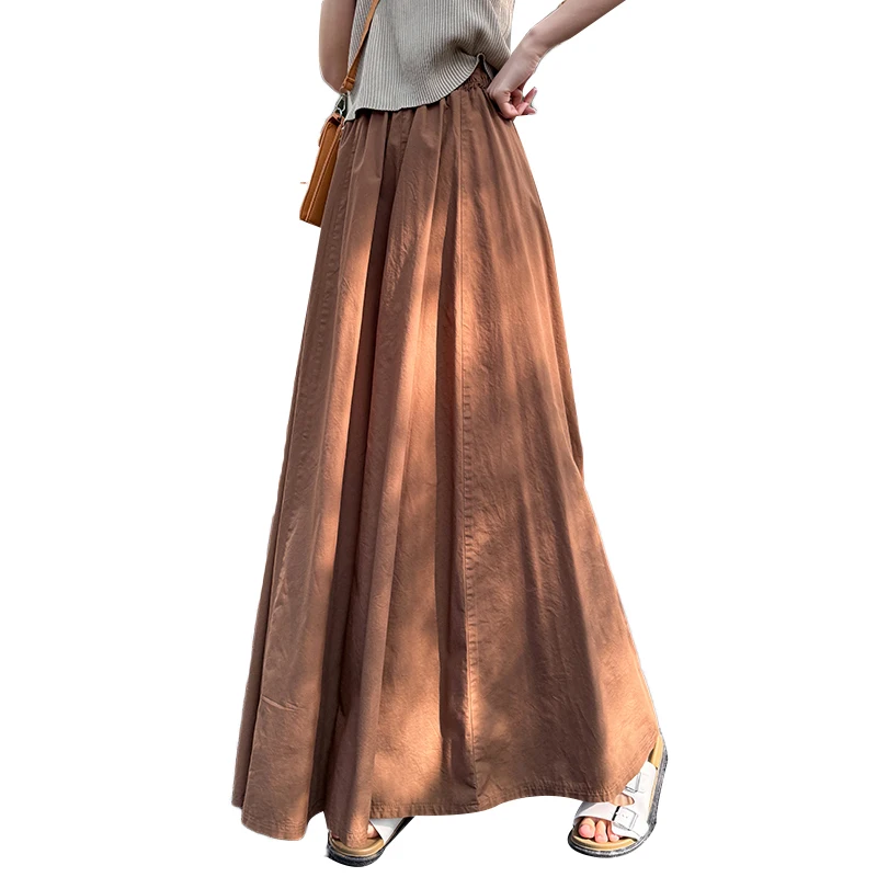 Jupe longue surdimensionnée pour femmes, noire et blanche, élégante, mode française, marron, taille haute, demi-jupe plissée, populaire, printemps été