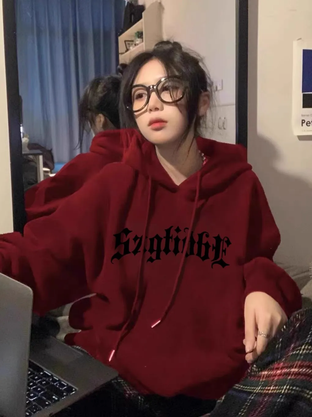 Burgundy Heavyweight Sweatshirt for Women Spring & Fall Thin Hooded Loose Niche Design Long-Sleeved 2024 New Jacket Trend