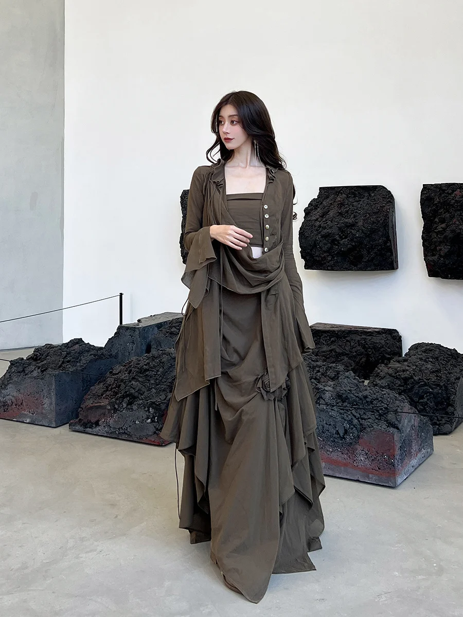 

ONMOON Brown Long Sve irt Women's Ele Draped Panel Long Top Original Design Cotton 00% Autumn Collection 2023