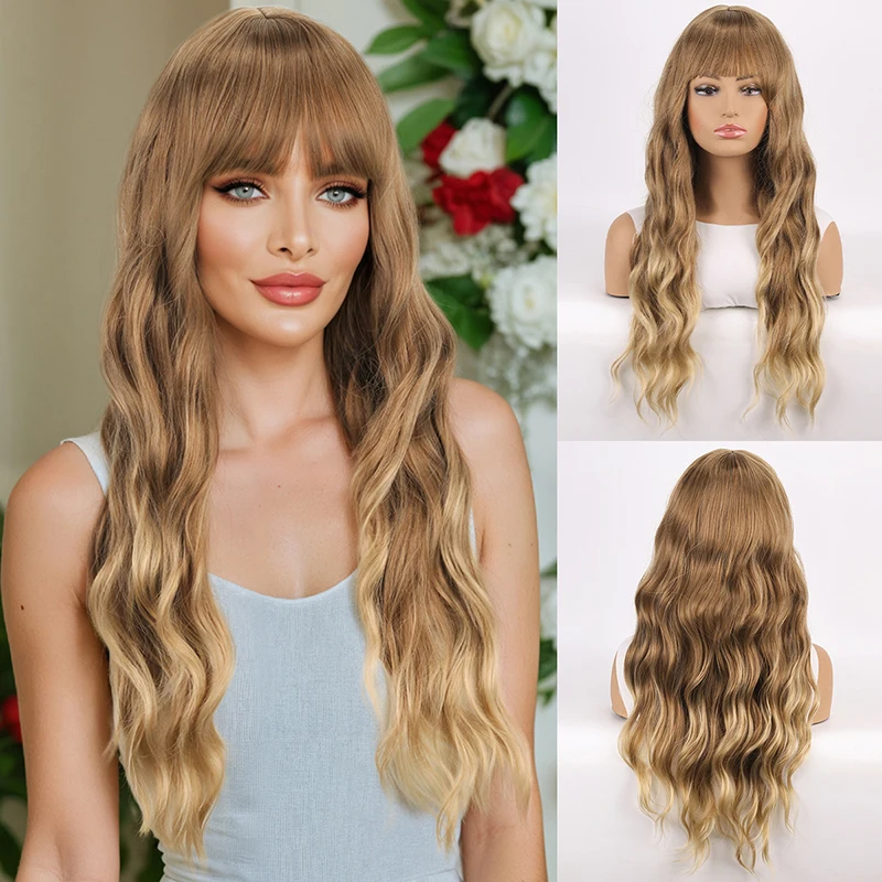 

Wig for women, golden gradient color, straight bangs, big waves, long curly hair, synthetic fiber wig