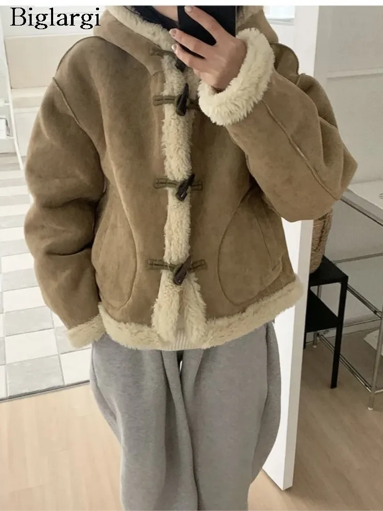 

Autumn Winter Deer Skin Velvet Hooded Coat Women Furry Patchwork Fashion Ladies Cropped Jackets Loose Korean Style Woman Coats