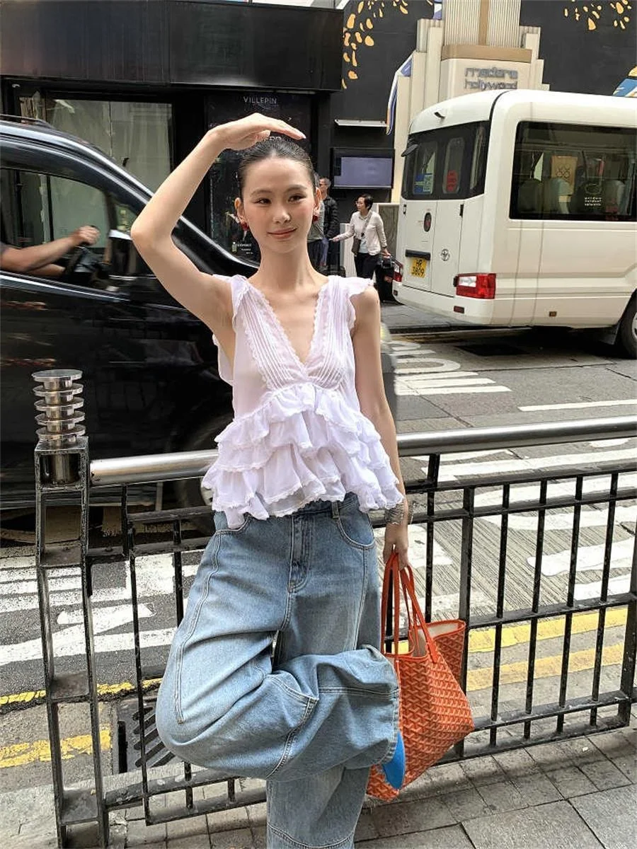 Korean Sle Pure Desire V-Ne Women's Top Summer New Bal Irregular Lace Svel Vest Ins Faion Commute Sle Slim...