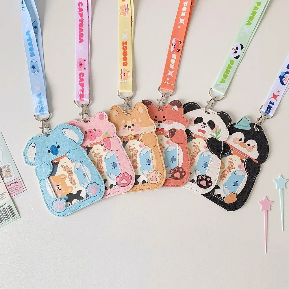 Porta carte di animali simpatico cartone animato con cordino Portafoto in pelle PU Porta badge impermeabile Porta documenti