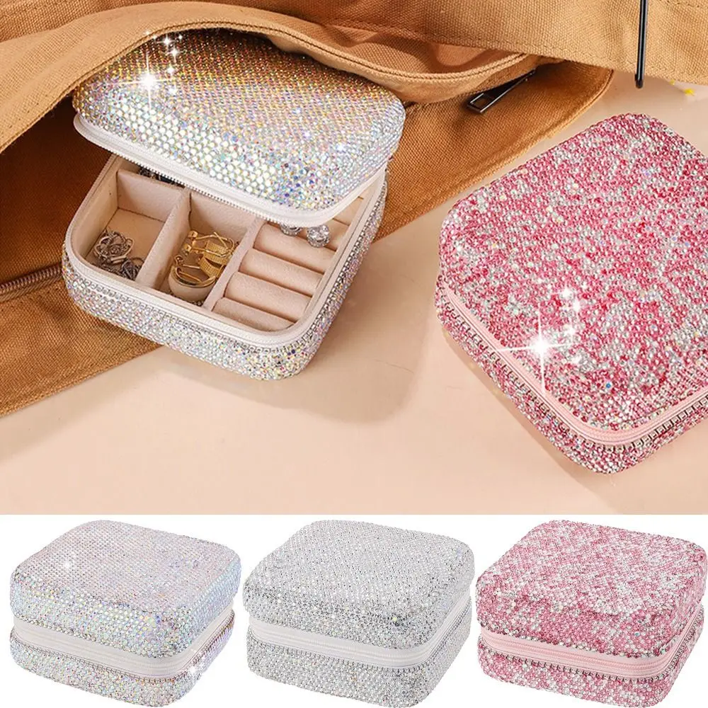 Luxury Bling Rhinestone Jewelry Box Double Layer With Mirror Portable Ring Holder Shiny Square Studded Jewelry Organizer