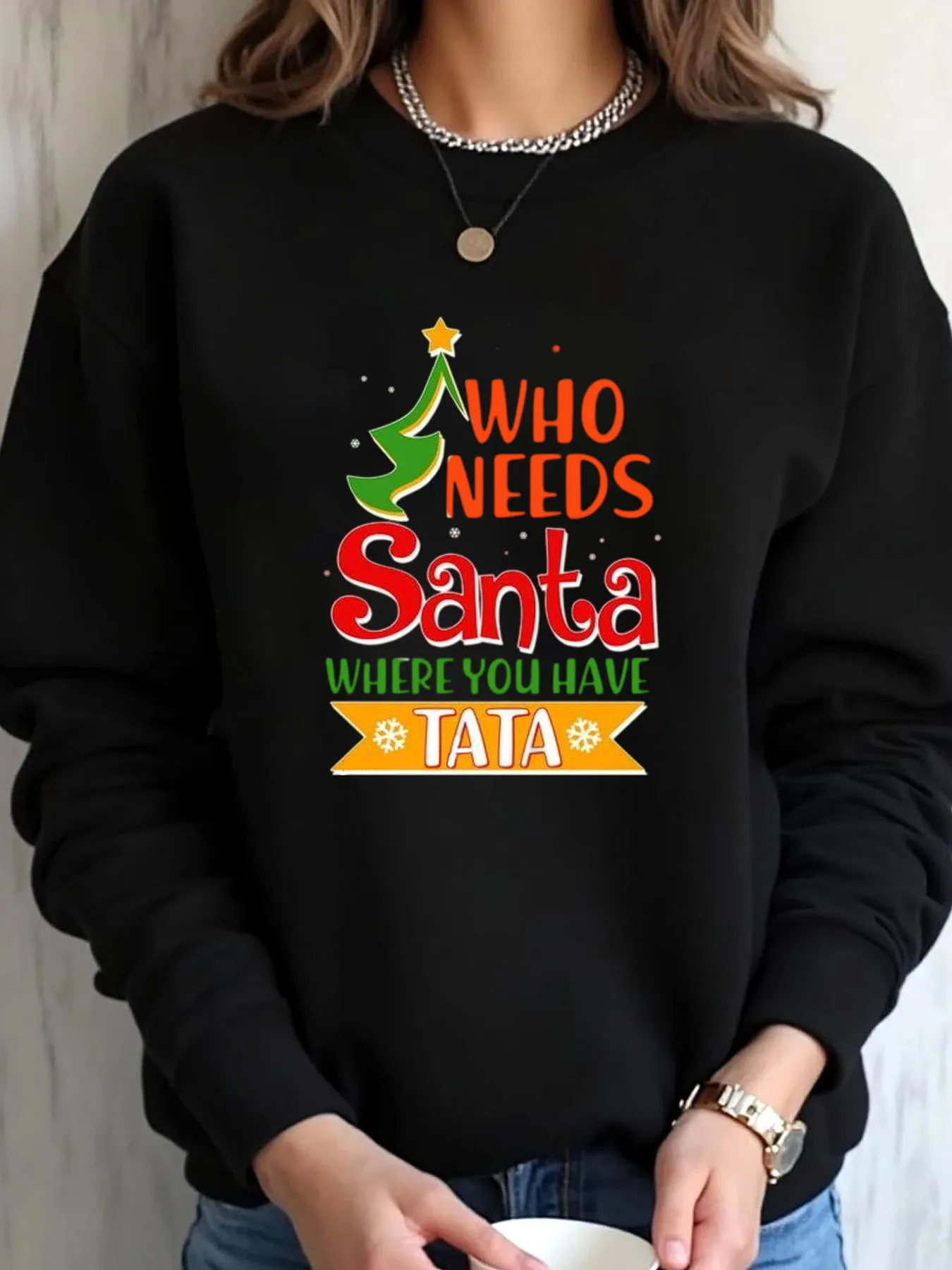 Women Oversized Sweatshirt Christmas Tree Santa TATA Print Outdoor Wear