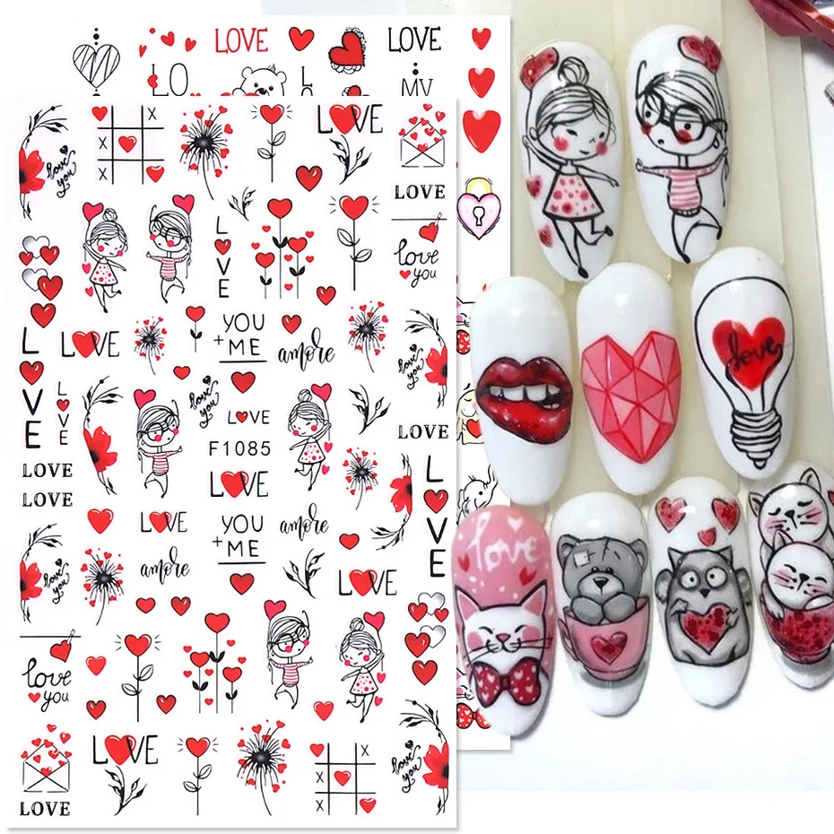 3D Cartoon Valentines Nagel Aufkleber Rot Liebe Herz Nette Katze Bär Panda Sexy Frauen Lippen Brief DIY Romantische Maniküre Dekoration