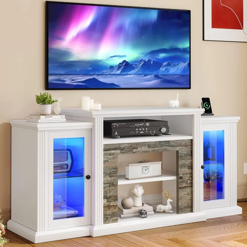 White TV Stand for 65 Inch TV, Modern Entertainment Center with Power Outlet and LED Light