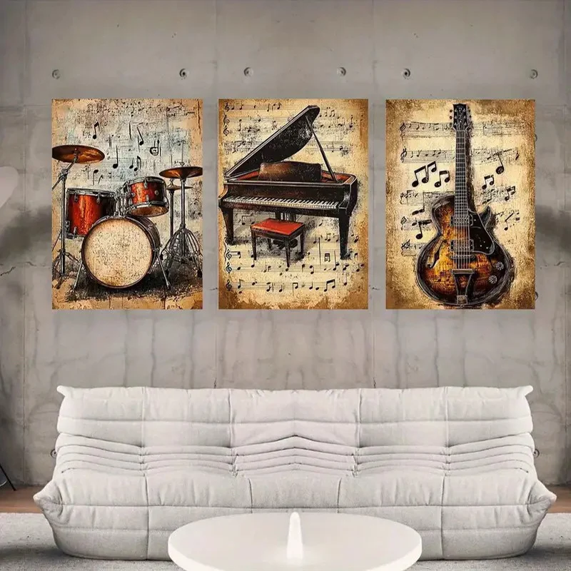 3 Retro Music Inspired Drum, Piano, Guitar Art Canvas Posters, Perfect for Living Room Bedrooms, Studios, Corridors, Living Room