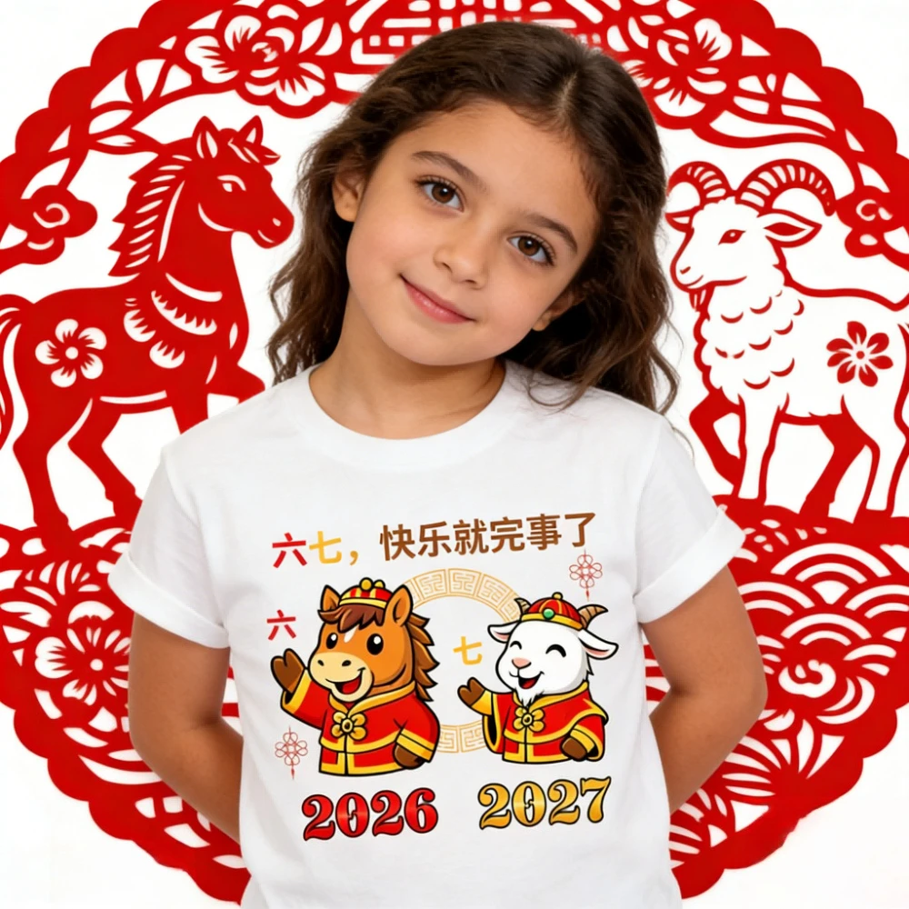 Lucky 6-7 Meme Horse Goat Zodiac Tee Chinese New Year 2026 2027 Friendly Exchange Tshirt Boys and Girls Casual Cute Cotton Tops