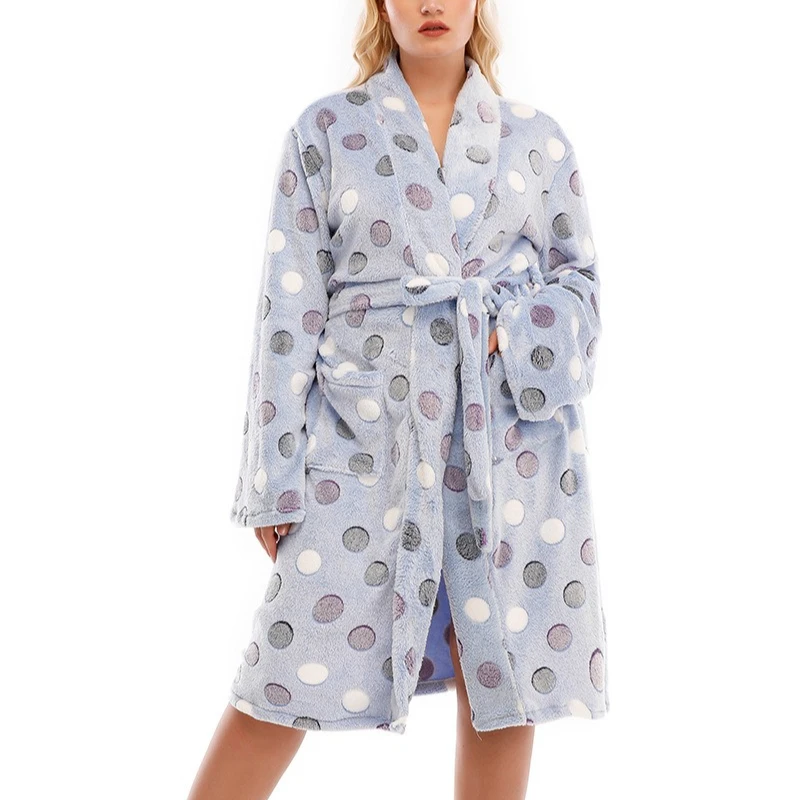Krismile Winter Warm Robe Women 2025 Thick Polka Point Casual Home Wear Long Sleeve Comfort Lace Up Shower Wear Soft Bathrobe