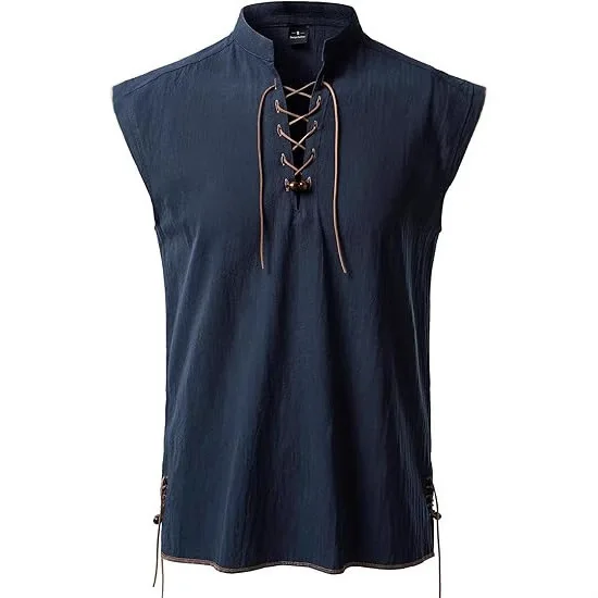 قميص رجالي محسّن قميص هينلي بدون أكمام قميص هيبي كاجوال للشاطئ بياقة واقفة